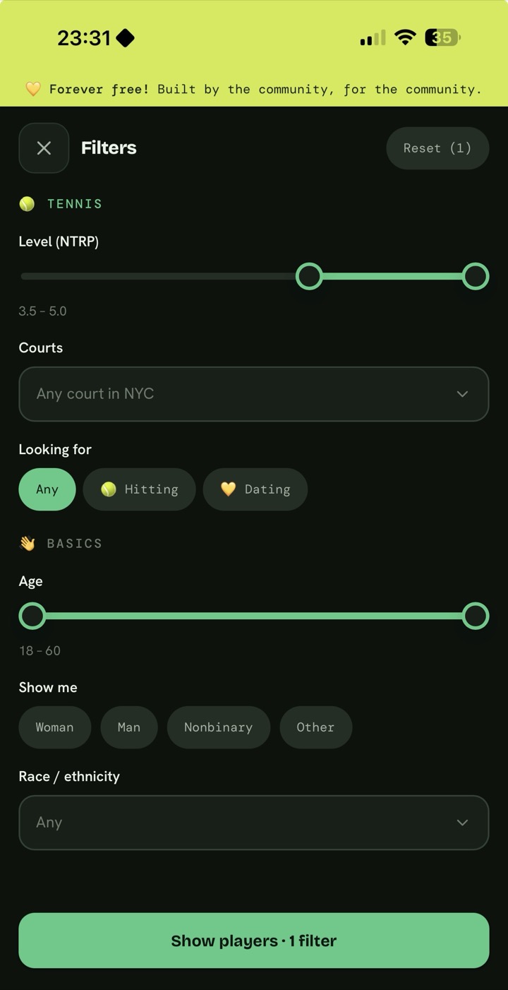 Court Mates filters โ level, court, intent, age and more